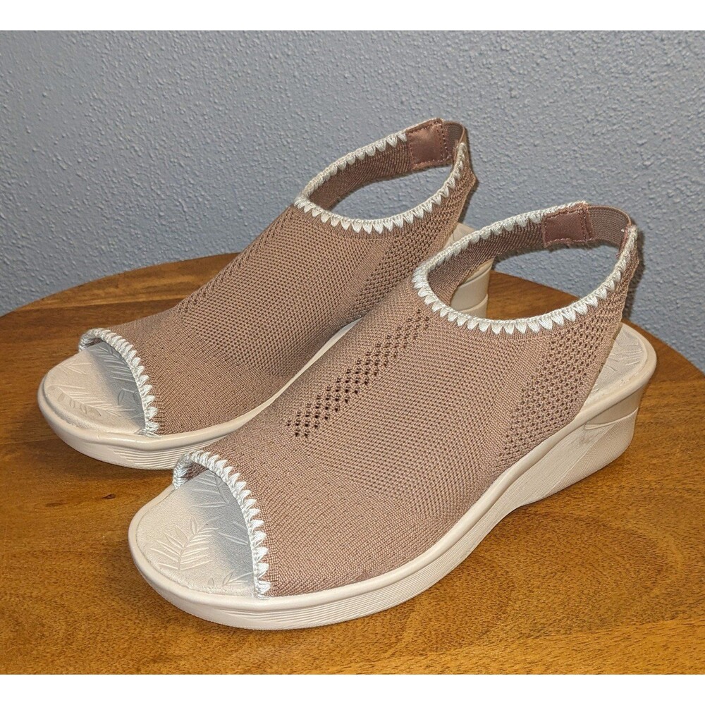 Bzees Sicily Stretch Knit Wedge Sandals Women's 8.5 W Beige Peep Toe Slingback - Picture 3 of 10